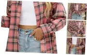Womens Button Down Flannel Shirts Long Sleeve Plaid Shackets Small Pink -7122