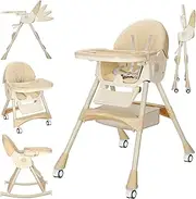 Convertible 6-in-1 High Chairs for Babies and Toddlers, Foldable Portable Baby Highchair, Compact Adjustable Folding Baby High Chair for Infant Toddler Baby Boy Girl with Wheels & Footrest (Beige)