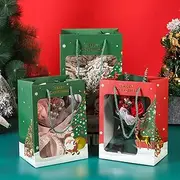 8 Pack Large Bags, Christmas Reusable Tote Bags with Handles, 2 Patterns, Xmas Paper Bags, Christmas Treat Bags with Clear Window for Holiday Xmas Gifts Wrapping Party Supplies