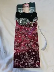 Maroon Decorative Wine Bottle Bag With Silver Bells Snowmen Sparkle Snowflak NOS