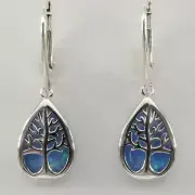 Blue FIRE OPAL Tree of Life Earrings 925 STERLING SILVER Leverback Rhodium #11e