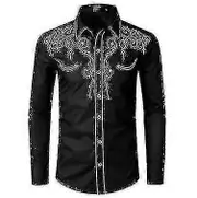 Mens Western Cowboy Shirt Embroidered Long Sleeve Casual Slim Fit Button Down Shirt black XL