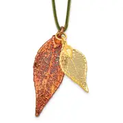 Fashion Iridescent Copper And 24K Gold Dipped Double Real Evergreen Leaves 20 Inch Leather Cord Necklace