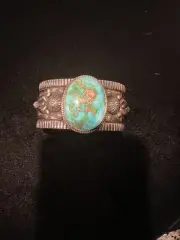 Navajo Albert Jake Stamped Sonoran Gold Turquoise Cuff Sterling 7”