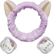 WHAVEL 3PCS Spa Headband and Wristband Set, Cute Cat Ears Headband for Washing Face Makeup, Face Wash Wrist Bands (Purple)