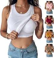 [YOHFRFGX] Chic-Me Tank Top with Bra, Tank Tops with Built in Bras, Round Neck Ribbed Tank Top with Bra Pads