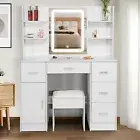 White Large Vanity Desk Stool with Lighted Mirror & 5 Drawers, Dressing Table