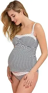 [Mamarella] Maternity Swimwear 3-Piece Navy/White S-XXL, Maternity Tankini and Maternity Bikini in One Set, Cups with Removable Pads, for Pregnancy and Breastfeeding, Extra Elastic