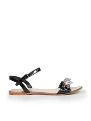 Black Crystal Embellished Flat Sandals