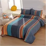 Full Queen Size Quilt Set Striped Printed Luxury Lightweight Soft All Season Bedding Bedspread Cotton Soft Coverlet Set 3 Piece (1 Quilt,2 Pillow Shams)