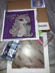 Diamond Painting Kit W/White Frame 7” Square Unicorn Believe In Magic New