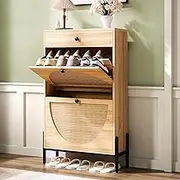 IRONCK Shoe Cabinet with 2 Flip Drawers, Shoe Storage Cabinet for Entryway, Free Standing Shoe Storage Organizer with Rattan Doors Slim Narrow Shoe Rack Cabinet, Oak (Oak)