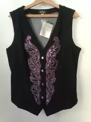 Bob Mackie Vest Medium black purple silver sequin Paisley Embroidery art