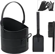 Ash Bucket - 2.6 Gallon Metal Ash Bucket, Includes Shovel, Broom and Gloves for Wood Stove, Fireplace and Fire Pit