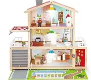 Hape Wooden Doll House Mansion for Kids – 80cm Realistic Family Playset with 29 Pieces, LED Lights, Furniture & Dolls – Dollhouse for Girls & Boys Age 3+