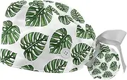 [WOSHJIUK] Working Hat 2 Pack Scrub Caps for Women,Green Tropical Leaves Summer,Tie Back Cap Adjustable Scrub Hat