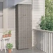 Grey Garden Storage Cabinet 59x40x180 cm with Poly Rattan Doors, Metal Frame – Outdoor Locker and Organiser for Tools and More