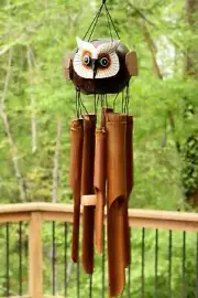 Wooden Handmade Flying Owl Bamboo Wind Chime Wood Bird Hoot Patio Garden Outdoor