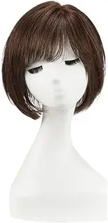 Human Hair Pieces for Women, Short Bob Hair with Bangs, 10 Inch Side Parting, Hairpieces for Women with Thin Hair, 16.5 cm × 16.5 cm Base (Brown)