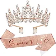 [Casoty] 16th Birthday Sash and Tiara for Girls, 16th Birthday Decorations for Girls, Sweet 16 Glitter Sash and Tiara Set with Pearl Pin, 16th Birthday Gifts for girls