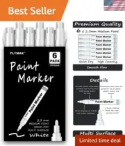 6 White Permanent Paint Pens - 2.5mm Medium Tip For All Surfaces - Non-Toxic
