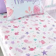 Bedlam - Pink Sea Animals Bed Sheets - Single Fitted Sheet (190 x 90 x 25cm) - Ocean/Sea Creatures Bedroom Accessories - Mermaid Vibes Collection, Agua