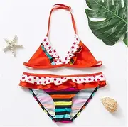 [LANREN] 2~16Year Girls Swimsuit Kids Swimwear Cute Print Kids Bikini Sets Ruffle Style Children Swimwear Kids Beach Wear (Color : ST276 red, Size : 14 16Years)