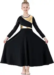 TLMNU Girls Praise Dance Dress Metallic Gold Liturgical Worship Church Robe Full Length Swing Lyrical Costume