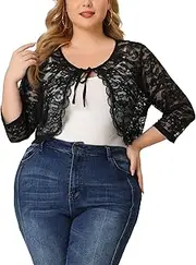 [Agnes Orinda] Women's Plus Size Shrug Cardigan 3/4 Sleeves Floral Lace Tie Front Crop Bolero Jackets