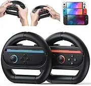 Kinwin Steering Wheel for Nintendo Switch 2 & Switch 1 & Switch OLED Joycon, Racing Wheel Controller Grip for Mario Kart World & Mario Kart 8 Deluxe, NS2 Anti-Slip Grip Holder Accessories(Black x2)