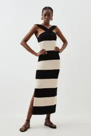 Viscose Blend Striped Cross Front Knit Midi Dress