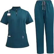 [Whyzsjnclg] Scrubs for Women Set, Soft Polyester Uniforme Infirmiere Femme Standing Collar Zipper Scrub Set for Doctors Blue