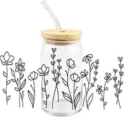 1PC Black UV DTF Cup Wrap Transfer Sticker for Glasss, UV DTF Cup Wrap DIY Waterproof Decals, Cute Floral Theme Rub on Stickers, UV DTF Transfer Sticker for 16OZ Glass Cups Iron-on Transfers
