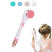 Silicone Shower Brush Rechargeable Electric Long Handle 4In1 Body Scrub Deep Cleaning Massage Bath Exfoliating Waterproof Pink