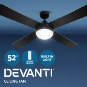 Devanti 52'' Ceiling Fan AC Motor 4 Blades LED Light Remote Control Timer Black