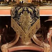 Loom and Mill Luxury Chenille Table Runner 90 Inches Long, Black Damask Jacquard Table Runners with Multi-Tassels for Halloween Dining Room Dresser Party Holiday Banquet Decorations(Black,13*90 inch)