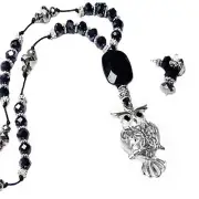Owl Charm long necklace black crystal optional earrings