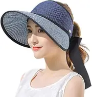 [FIME.] Women Sun Visor Hats Beach Foldable, Roll Up Wide Brim Bowknot Summer Straw Hat Cap Cruise wear for Womens,Women's Sun Hats UPF50 UV Protection for Outdoor Travel (Navy Blue)