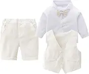 [Boarnseorl] Baby Boys Gentleman Outfits Suits, Infant Long Sleeve Shirt+Cropped Pants+Bow Tie +Vest Clothes Set,9-12M White