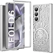 [XIMAND] for Samsung Galaxy Z Fold 6 Case with Mechanical Legend Pattern, Front Screen Protector - Sleek Design, Holographic Texture, Plating Folding Completely 360 Full Protection.(Silver)
