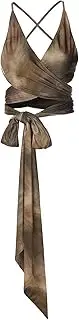 [YJZQ] Women's Sexy Tops, Stylish Halterneck Vest, Sleeveless Tank Tops, Backless Top with Deep V-Neck, Criss Cross Strappy Top, Printed Fashion Crop Top, Streetwear Khaki