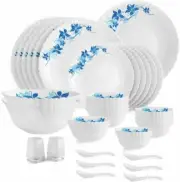 Cello Blue Swirl Opalware Dinner Service Set 35 Piece White Dinnerware Serveware
