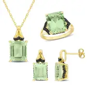 Amour Yellow Silver Quartz & Black Sapphire Earrings, Pendant, Chain & Ring Set