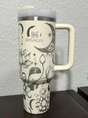 40oz Stanley Tumbler with handle- Laser Engraved- Off White Moon & Lotus Flower