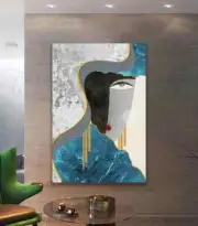 Abstract Blue Gold Lines Face 90*120cm Canvas Unframed Print Australian Wall Art