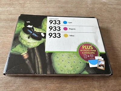 Genuine HP 933 Ink Cartridges Combo 3 Pack Dec 2015 Plus Photo Paper & Envelopes