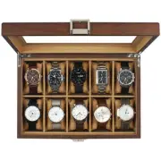 Watch Box, 10 Slot Watch Case with Real Glass Lid, Wood Watch Display Case wi...
