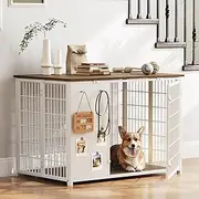 YATINEY Foldable Dog Crate Furniture, Dog Crate with DIY Frame, Heavy Duty Dog Kennel Indoor with Hooks, Wooden Dog Cage End Table, for Small/Medium Dogs, White and Walnut DC95WH