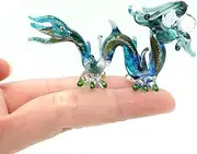 Sansukjai Dragon Tiny Figurines Hand Blown Color Glass Art Fancy Animals Collectible Gift Home Décor (Green Blue)