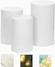 3PCS Wedding Round Plinth Cylinder Pedestal Flower Cake Display Stand with Balloon Set 2M White Organza 1 LED Light Strip White